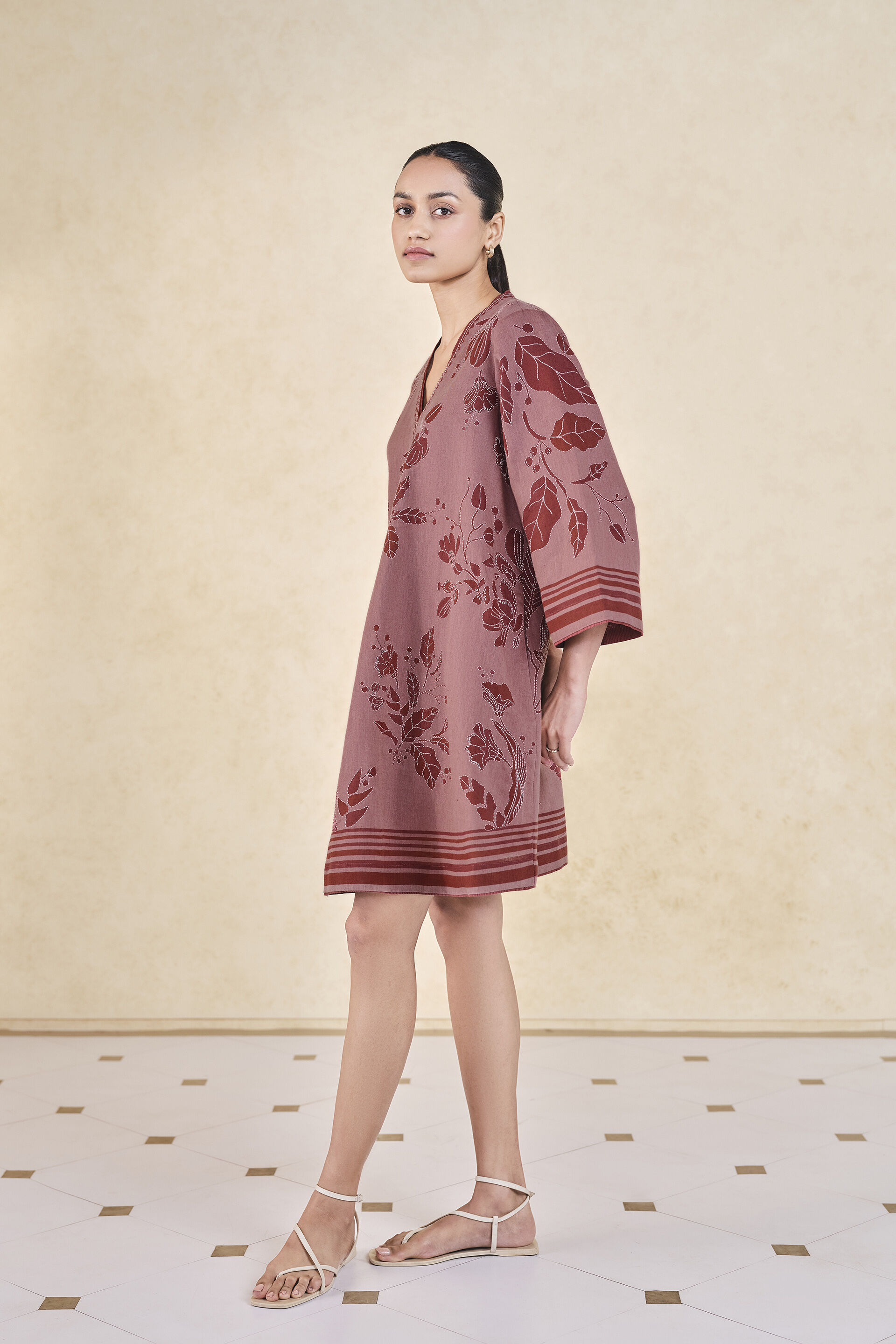 Rhubarb Hand-embroidered Kantha Linen Dress - Pink